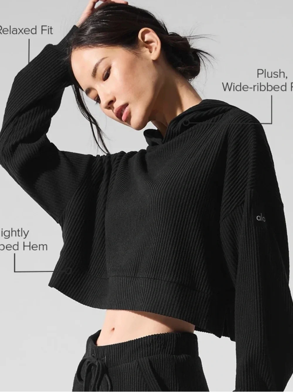 ALO Yoga Black Cropped Ribbed Hoodie.Size small